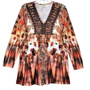 One World Tunic Top Women L Orange Brown Western Boho Granola Cowgirl Hippie